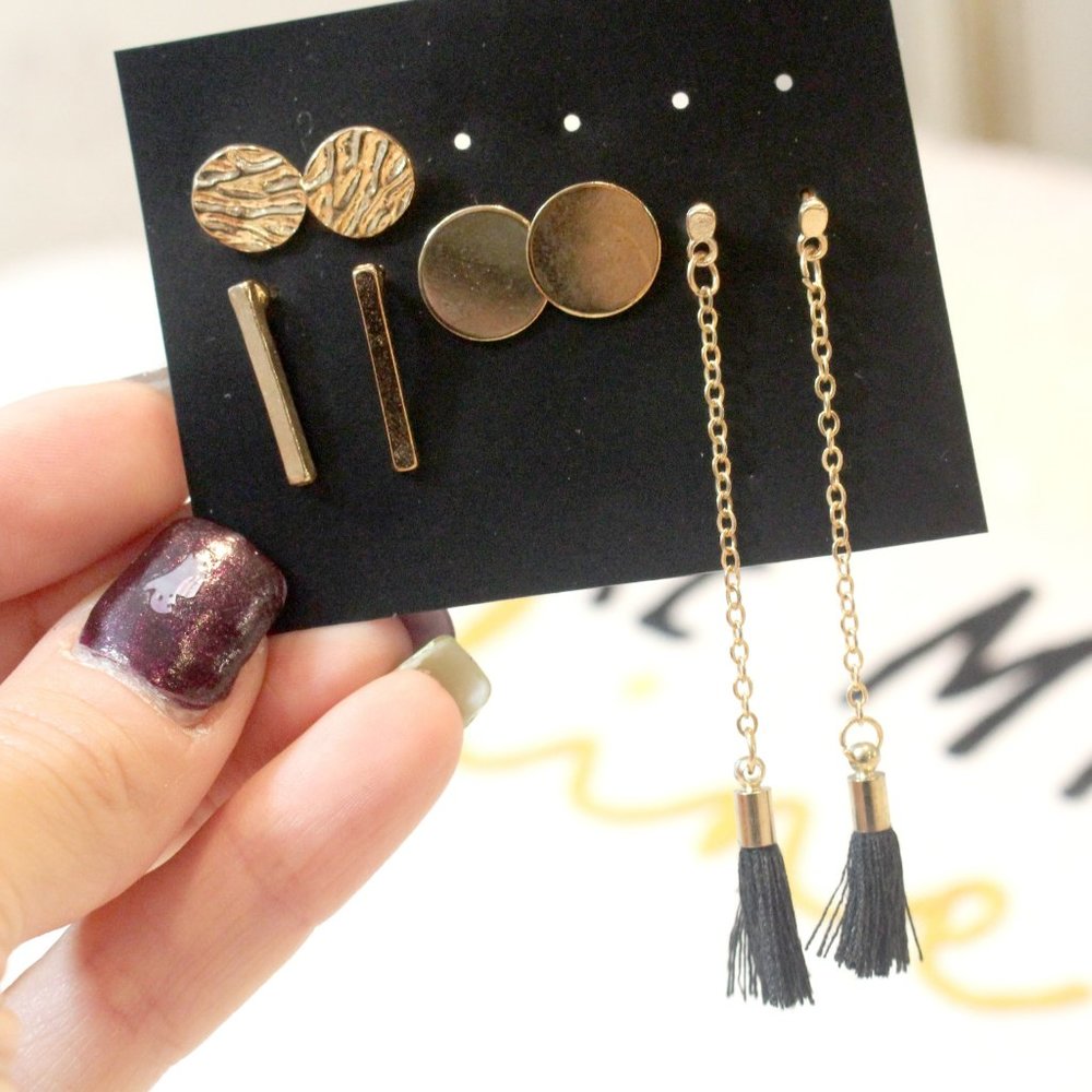 4 Piece Gold Tone Bohemian Chain Black Tassel Earring Set